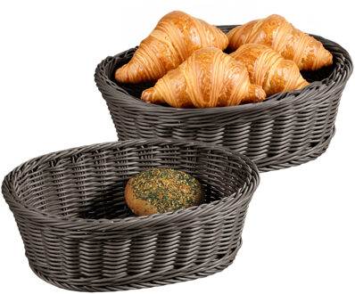 Kesper Brood/fruit mandje - 2x - gevlochten kunststof - antraciet - ovaal - L29 x B23 x H9 cm - broodmand