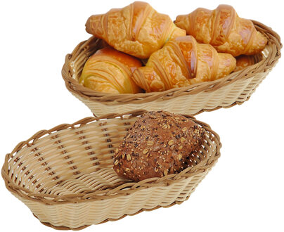 Kesper Brood/fruit mandje - 2x - gevlochten kunststof - beige - ovaal - L26 x B17 x H7 cm - broodmand