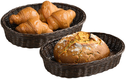 Kesper Brood/fruit mandje - 2x - gevlochten kunststof - bruin - ovaal - L40 x B30 x H8 cm - broodmand/fruit