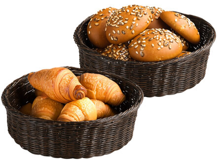 Kesper Brood/fruit mandje - 2x - gevlochten kunststof - bruin - rond - D36 x H11 cm - broodmand/fruitmand
