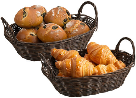 Kesper Brood/fruit mandje - 2x - gevlochten kunststof - donkerbruin - ovaal - L29 x B18 x H13 cm - broodman