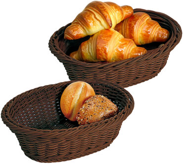Kesper Brood/fruit mandje - 2x - gevlochten kunststof - donkerbruin - ovaal - L32 x B24 x H11 cm - broodman