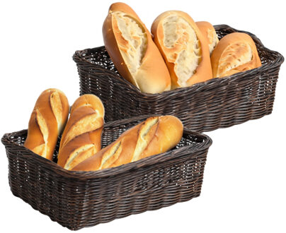 Kesper Brood/fruit mandje - 2x - gevlochten kunststof - donkerbruin - rechthoek - L32 x B26 x H11 cm - broo