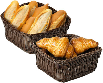 Kesper Brood/fruit mandje - 2x - gevlochten kunststof - donkerbruin - vierkant - D24 x H11 cm - broodmandje
