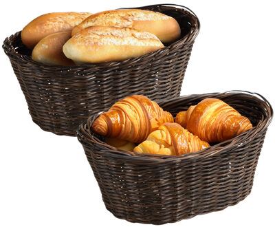Kesper Brood/fruit mandje - 2x - gevlochten kunststof - donkerbuin - ovaal - L28 x B21 x H13 cm - broodmand