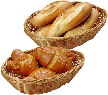 Kesper Brood/fruit mandje - 2x - gevlochten kunststof - lichtbruin - ovaal - L21 x B17 x H6 cm - broodmand