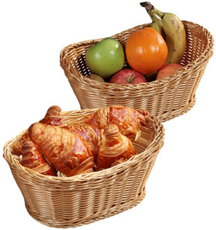 Kesper Brood/fruit mandje - 2x - gevlochten kunststof - lichtbruin - ovaal - L28 x B21 x H13 cm - broodmand