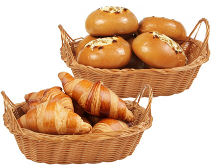 Kesper Brood/fruit mandje - 2x - gevlochten kunststof - lichtbruin - ovaal - L29 x B18 x H13 cm - broodmand