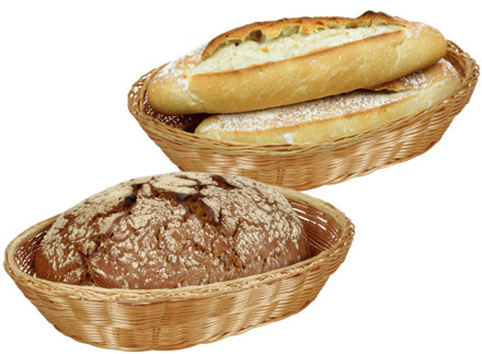 Kesper Brood/fruit mandje - 2x - gevlochten kunststof - lichtbruin - ovaal - L33 x B25 x H13 cm - broodmand
