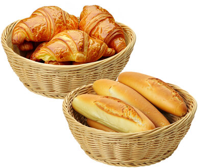 Kesper Brood/fruit mandje - 2x - gevlochten kunststof - lichtbruin - rond - D24 x H8 cm - broodmandjes