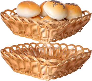 Kesper Brood/fruit mandje - 2x - gevlochten kunststof - lichtbruin - vierkant - L29 x B29 x H9 cm - broodma