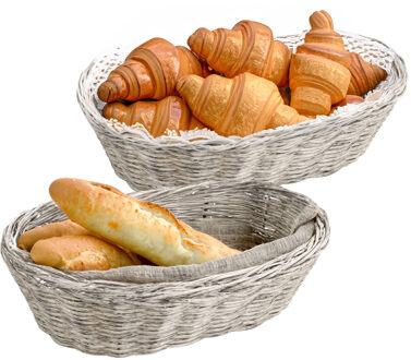 Kesper Brood/fruit mandje - 2x - gevlochten kunststof - lichtgrijs - ovaal - L24 x B20 x H6 cm - broodmand