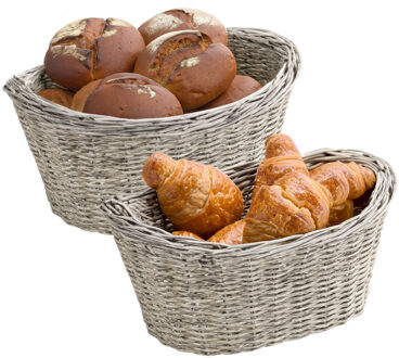 Kesper Brood/fruit mandje - 2x - gevlochten kunststof - lichtgrijs - ovaal - L28 x B21 x H13 cm - broodmand