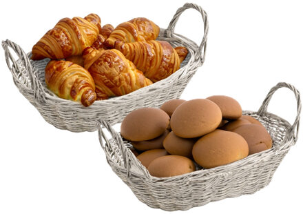 Kesper Brood/fruit mandje - 2x - gevlochten kunststof - lichtgrijs - ovaal - L29 x B18 x H13 cm - broodmand