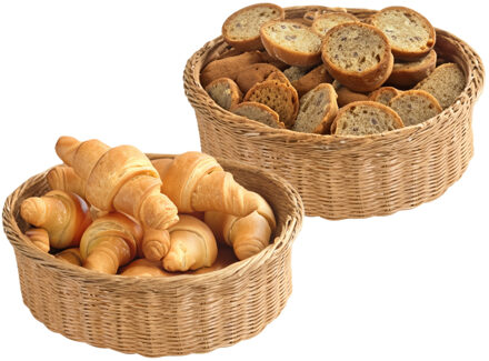 Kesper Brood/fruit mandje - 2x - gevlochten kunststof - naturel - rond - D36 x H11 cm - broodmand/fruitmand