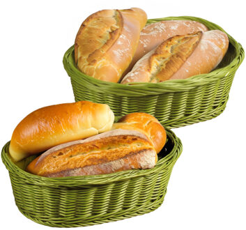 Kesper Brood/fruit mandje - 2x - gevlochten kunststof - olijfgroen - ovaal - L29 x B23 x H9 cm - broodmand