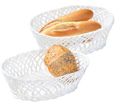 Kesper Brood/fruit mandje - 2x - gevlochten kunststof - wit - ovaal - L31 x B23 x H13 cm - broodmand