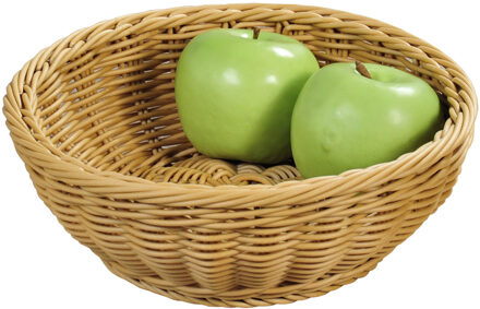 Kesper Brood/fruit mandje - gevlochten kunststof - lichtbruin - rond - D24 x H8 cm - broodmandjes