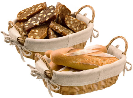 Kesper Broodmandje met stof - 2x - gevlochten kunststof - lichtbruin - ovaal - L30 x B20 x H9 cm