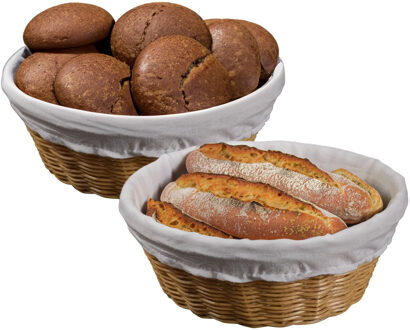 Kesper Broodmandje met stof - 2x - gevlochten kunststof - lichtbruin - rond - D25 x H9 cm