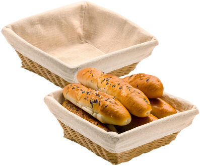 Kesper Broodmandje met stof - 2x - gevlochten kunststof - lichtbruin - vierkant - D24 x H9 cm