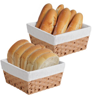 Kesper Broodmandje met stof - 2x - gevlochten kunststof - lichtbruin - vierkant - D28 x H14 cm