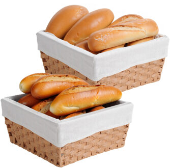 Kesper Broodmandje met stof - 2x - gevlochten kunststof - lichtbruin - vierkant - D35 x H16 cm