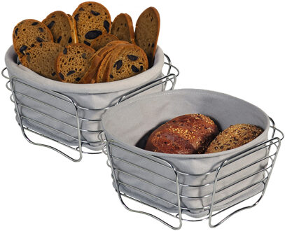Kesper Broodmandje met stof - 2x - metaal/peva - grijs - vierkant - D21 x H11 cm