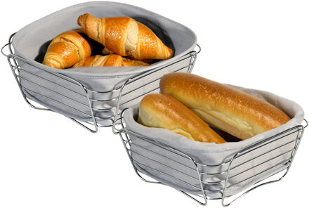 Kesper Broodmandje met stof - 2x - metaal/peva - grijs - vierkant - D26 x H11 cm