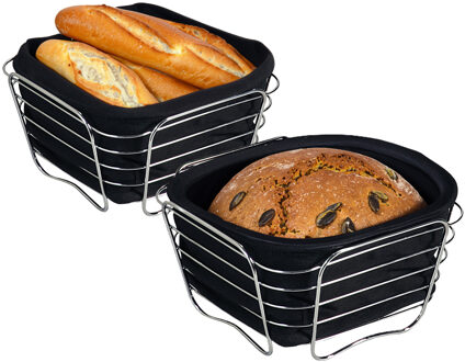 Kesper Broodmandje met stof - 2x - metaal/peva - zwart - vierkant - D21 x H11 cm