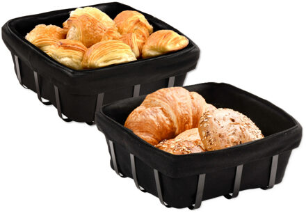 Kesper Broodmandje met stof - 2x - metaal/peva - zwart - vierkant - D22 x H9 cm