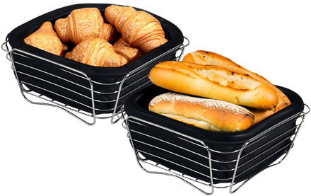 Kesper Broodmandje met stof - 2x - metaal/peva - zwart - vierkant - D26 x H11 cm