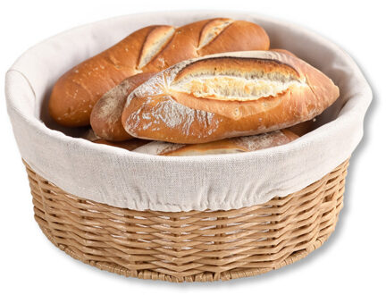 Kesper Broodmandje met stof - gevlochten kunststof - lichtbruin - rond - D25 x H10 cm