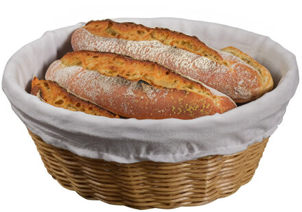 Kesper Broodmandje met stof - gevlochten kunststof - lichtbruin - rond - D25 x H9 cm