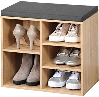 Kesper Bruin houten bank schoenenkastje/schoenrekje 29 x 48 x 51 cm met zitkussen - Schoenenrekken