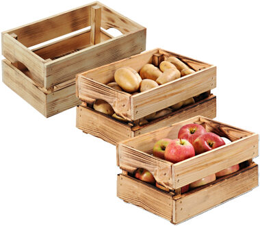 Kesper Fruitkisten opslagbox - 3x - old look - lichtbruin - hout - L40 x B30 x H23 cm - Opbergkisten