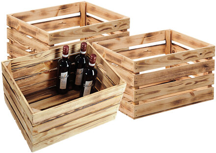 Kesper Fruitkisten opslagbox - 3x - old look - lichtbruin - hout - L46 x B36 x H28 cm