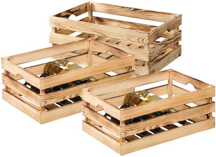 Kesper Fruitkisten opslagbox - 3x - old look - lichtbruin - hout - L58 x B39 x H24 cm