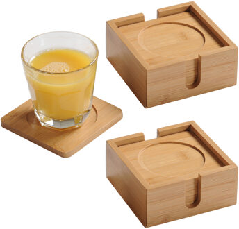 Kesper Glazenonderzetters - 12x stuks - in houder - bamboe - 10 cm