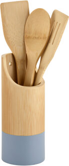 Kesper Keukengerei lepels set 3-delig - 31 cm - in houder - bamboe - lichtbruin/blauw