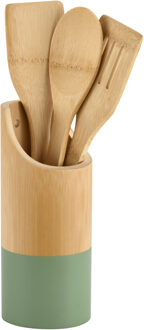 Kesper Keukengerei lepels set 3-delig - 31 cm - in houder - bamboe - lichtbruin/groen