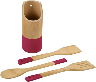 Kesper Keukengerei lepels set 3-delig - 31 cm - in houder - bamboe - lichtbruin/rood