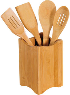 Kesper keukengerei set spatels en lepels in houder - Bamboe hout - 4x Kookgerei
