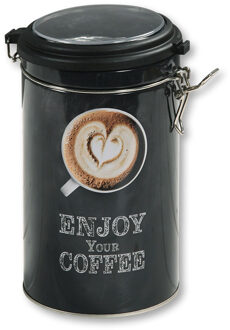 Kesper Koffie bewaarblik voor bonen - Enjoy your coffee - metaal - zwart - clipdeksel - D11 x H19 cm