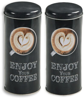 Kesper Koffie bewaarblik voor pads - 2x - Enjoy your coffee - metaal - zwart - drukdeksel - D8 x H17 cm