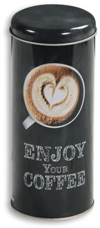 Kesper Koffie bewaarblik voor pads - Enjoy your coffee - metaal - zwart - drukdeksel - D8 x H17 cm