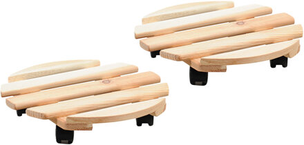 Kesper Plantenpot trolley - 2x - hout - lichtbruin - rond - 35 x 35 cm - max 100 kilo