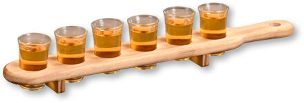 Kesper Shotglazen/shotglaasjeshouder - met 6 glaasjes - 8 cm per glas - 45 x 6 cm - hout Multi