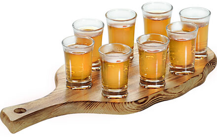 Kesper Shotglazen/shotglaasjeshouder - met 8 kleine glaasjes - 8 cm per glas - 38 x 17 cm - hout - Shotglazen Multikleur