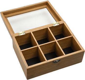 Kesper Theedoos - 6-vaks - bruin - bamboe hout - 21 x 16 x 9 cm - theekist - kunststof kijkvenster